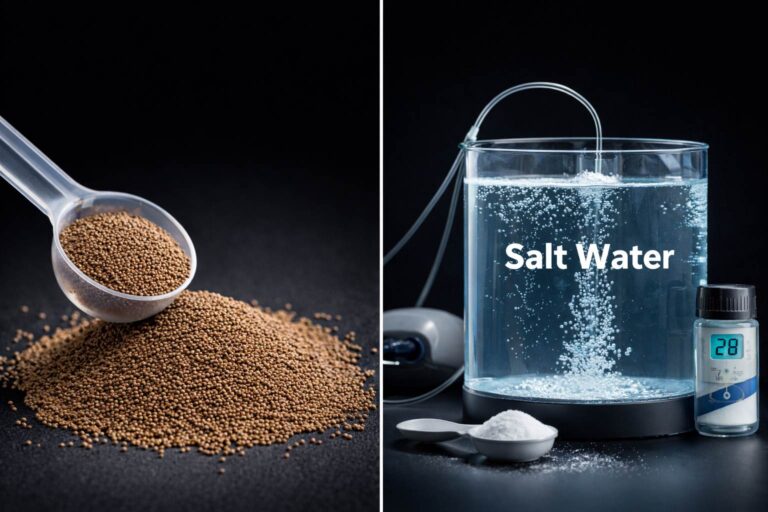 Œufs d'artémias à côté d'un système d'éclosion en eau salée avec aération, sur fond sombre.