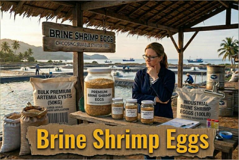 Telur udang air garam premium pukal dan sista Artemia dipamerkan di ladang akuakultur.