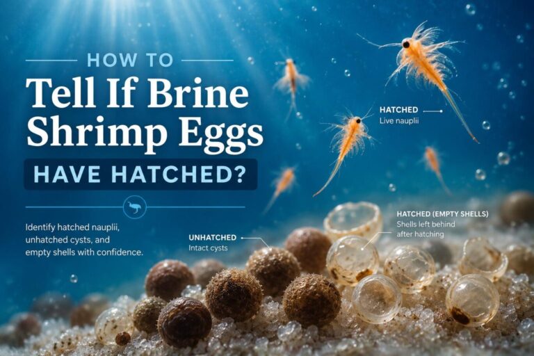 Brine shrimp eggs hatching with live nauplii, empty shells, and unhatched cysts.