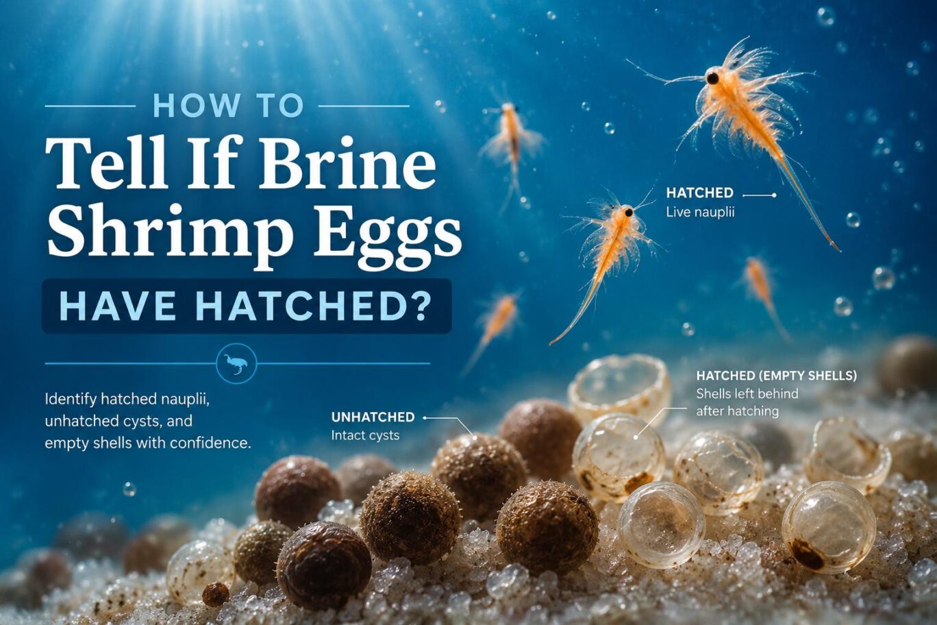 Brine shrimp eggs hatching with live nauplii, empty shells, and unhatched cysts.