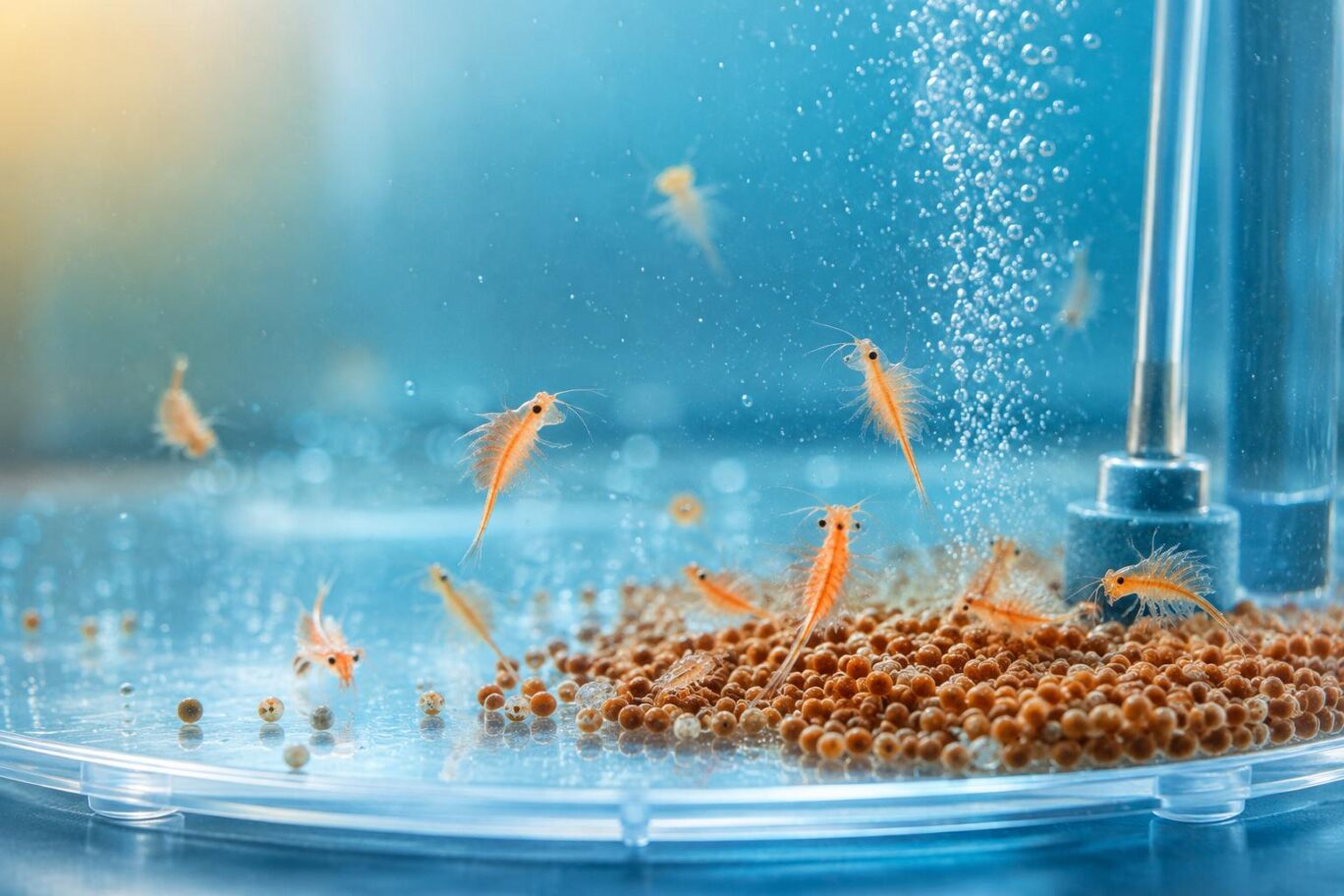 Brine shrimp eggs hatching with nauplii in aerated water