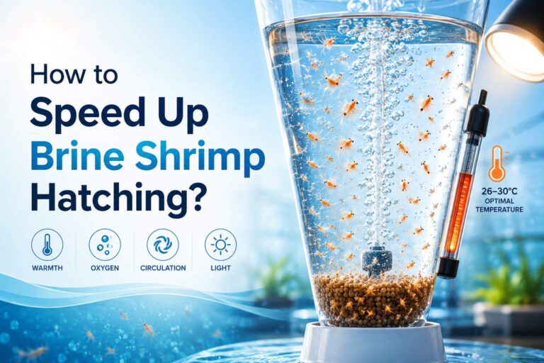 Brine shrimp hatching setup with aeration, warmth, light, and newly hatched nauplii