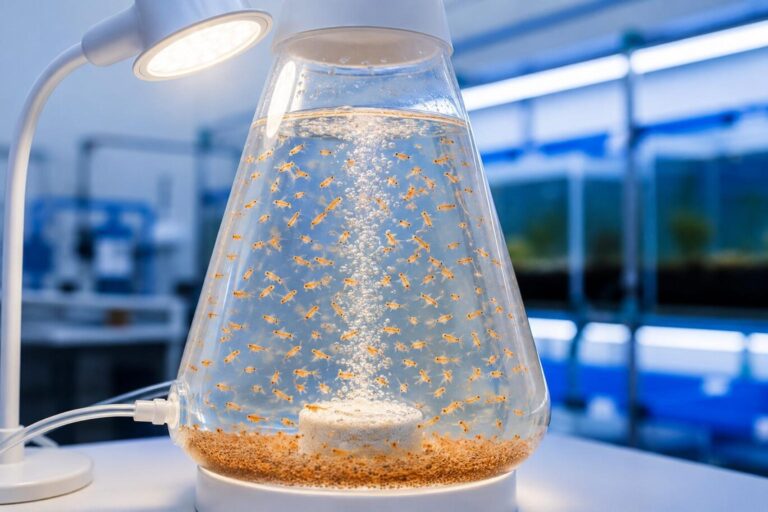 Brine shrimp eggs hatching with light and aeration